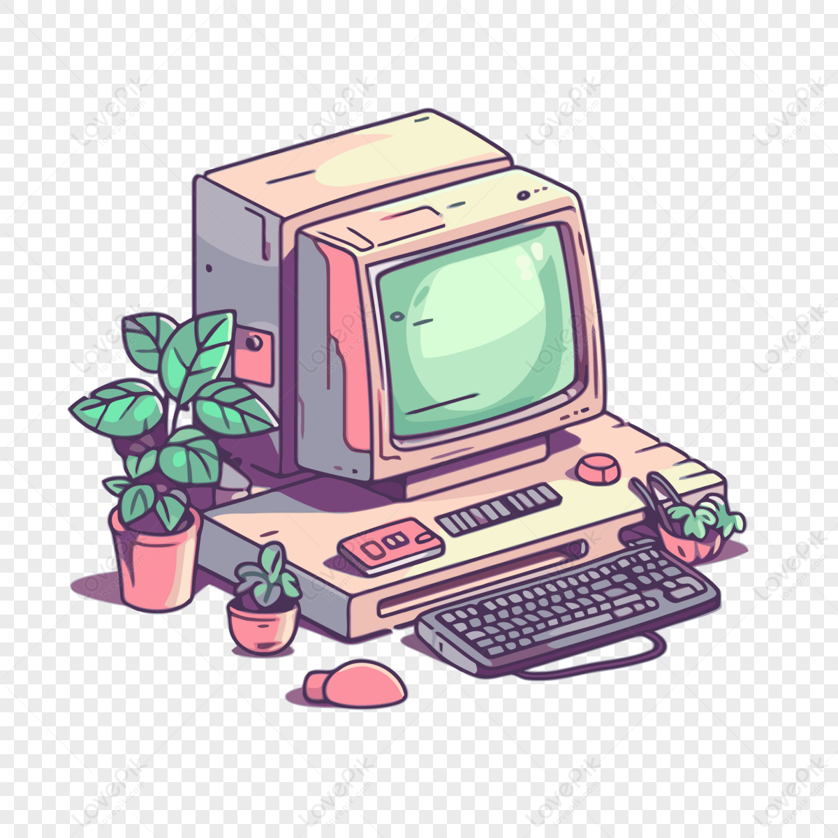 Um computador antigo, em tubo, com algumas plantinhas sob uma mesa, com um teclado a frete